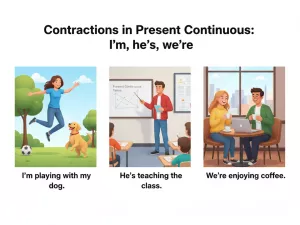 Contracciones en Present Continuous: I’m, he’s, we’re