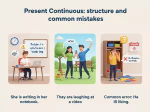 Present Continuous en negativo: estructura y errores típicos