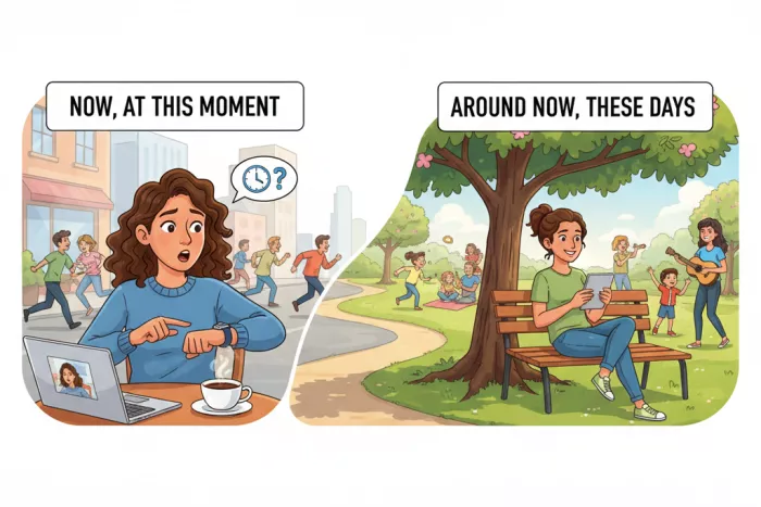 Present Continuous: acciones en progreso, marcadores temporales