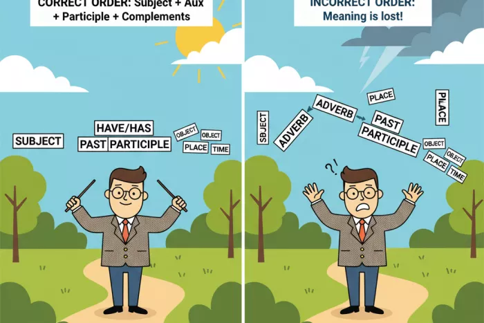 Orden del Present Perfect: sujeto, auxiliar, participio, complementos