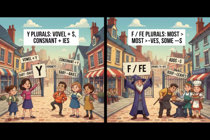 Reglas del plural inglés: -y, -f, -fe