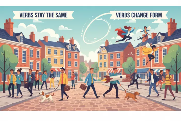 Conjugación inglesa mínima: persona y tiempo verbal