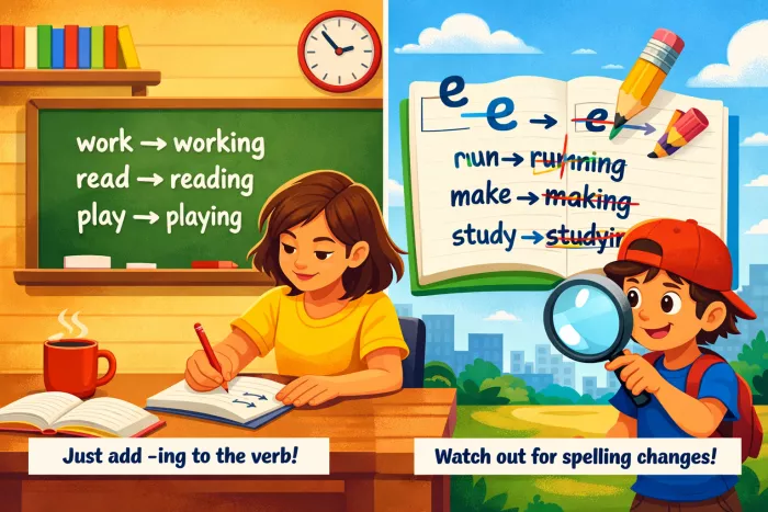 present continuous en inglés: formación con -ing