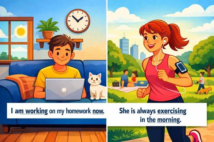orden de palabras y adverbios en Present Continuous