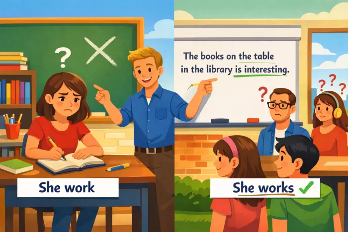 errores comunes de concordancia sujeto-verbo en inglés