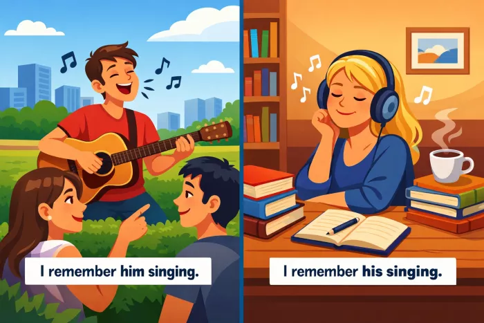 Pronombres en inglés tras gerundios y participios