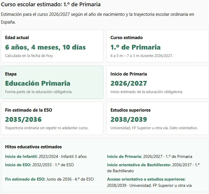 Calculadora de edad escolar en España con curso estimado