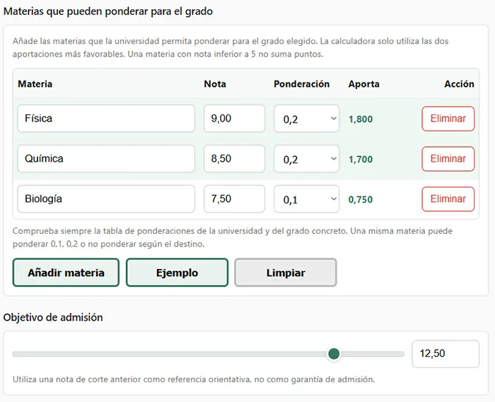 Calculadora PAU con materias ponderables