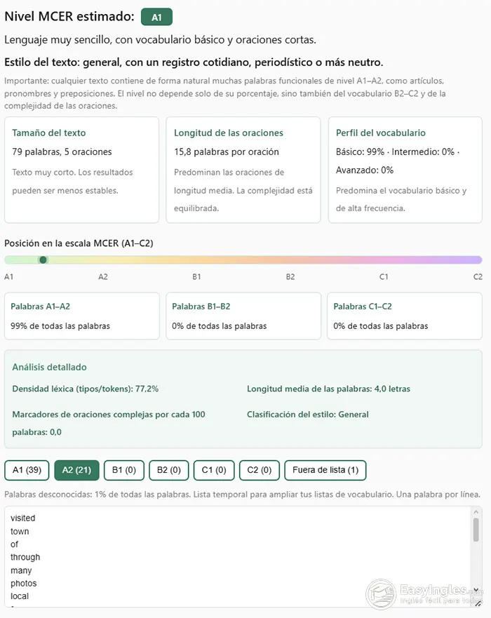 Resultados del nivel MCER de un texto