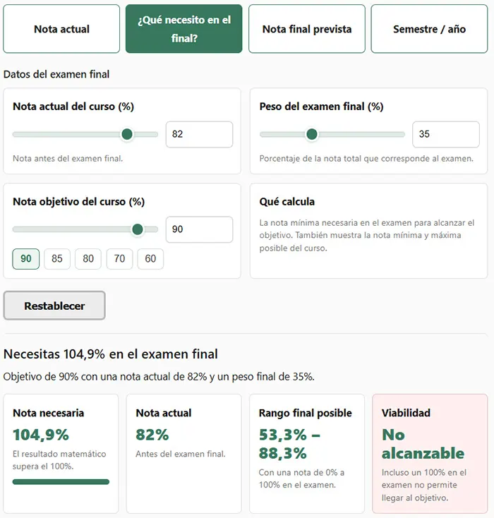 Calculadora de nota necesaria en el examen