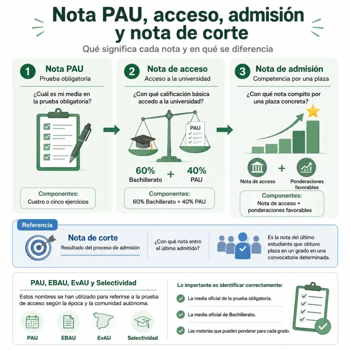 Diferencias entre nota PAU, acceso y admisión